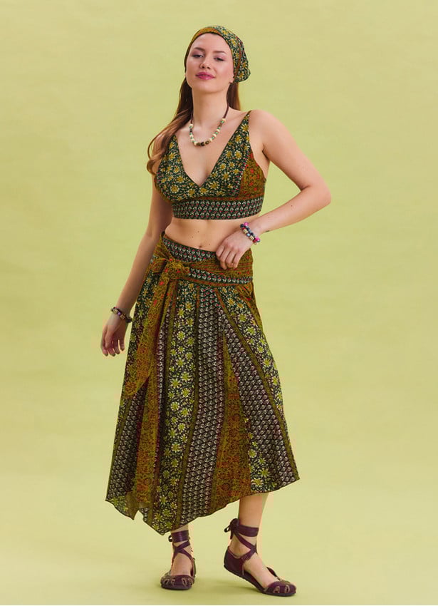 Green Patterned Asymmetrical Skirt with Gipe Detail and Tied Waist 4503
